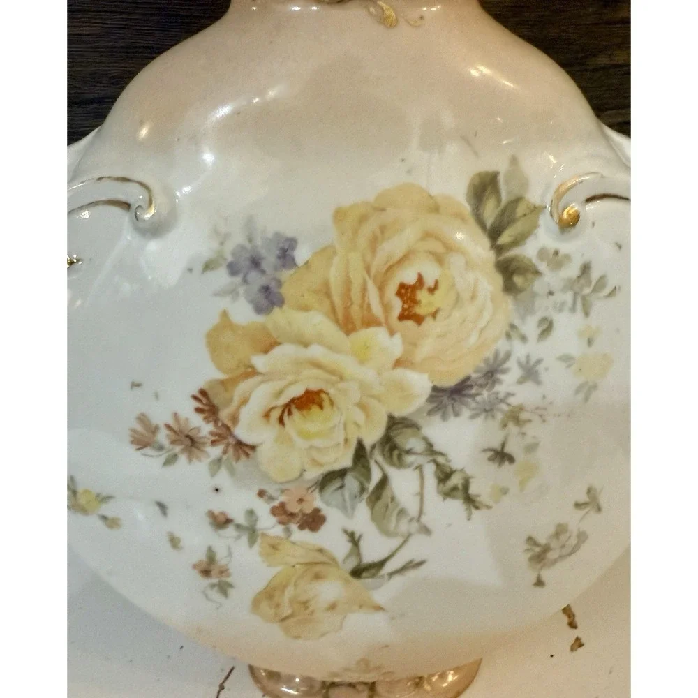 Antique Porcelain Mantel Vase Ram Head Handles Hand Painted Roses Gold Gilt